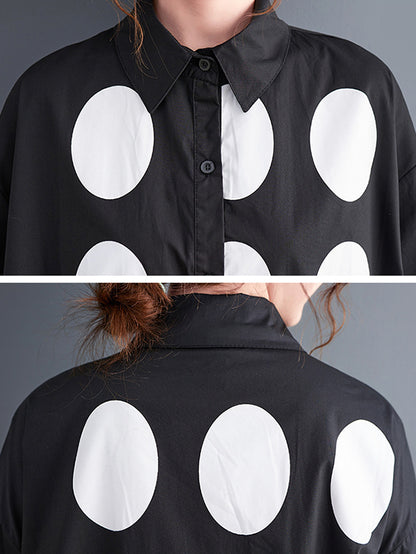 Stylish Long Sleeves A-line Polka Dot Polo Shirt Midi Dresses