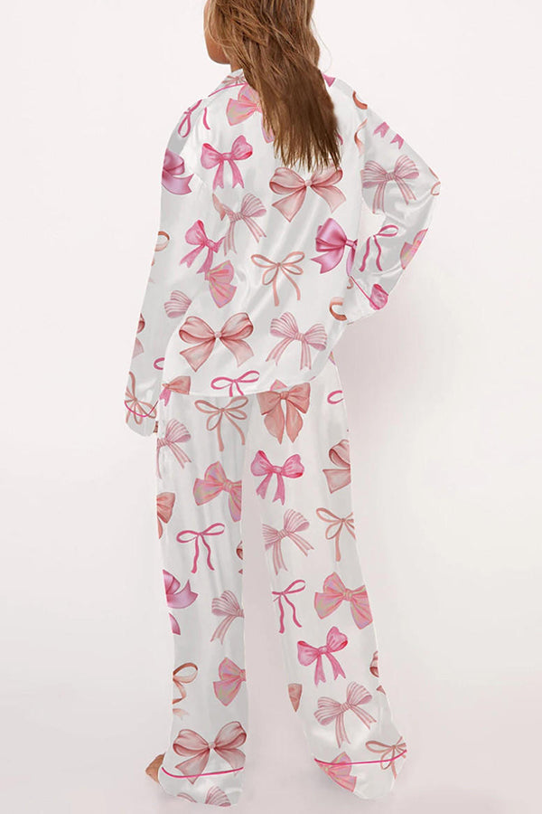 Stylish Bow-print Long-sleeved Shirt and Elastic-waisted Wide-leg Pants Set