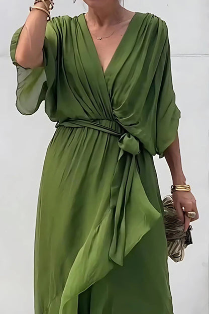 Color V-neck Bat Sleeve Lace-up Irregular Hem Midi Dress