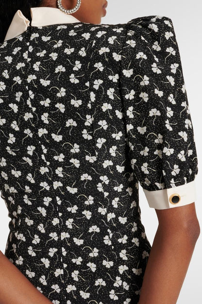 Rita Bow Trimmed Puff Sleeve V-neckline Midi Dress