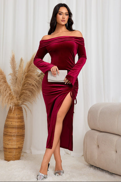 Burgundy Off-shoulder High Slit Midi Dress