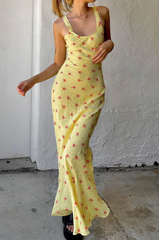 Print Suspender Dress Long Fishtail Maxi Dress