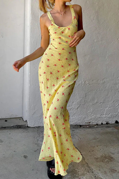Print Suspender Dress Long Fishtail Maxi Dress