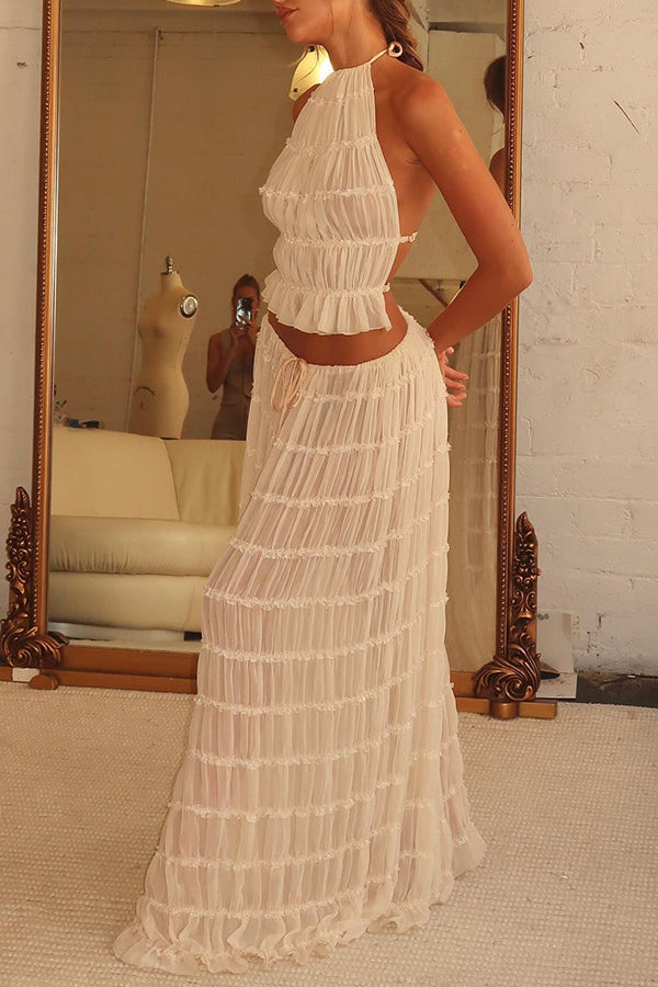 Versatility and Charm Pleated Drawstring Waist Tiered Maxi Skirt