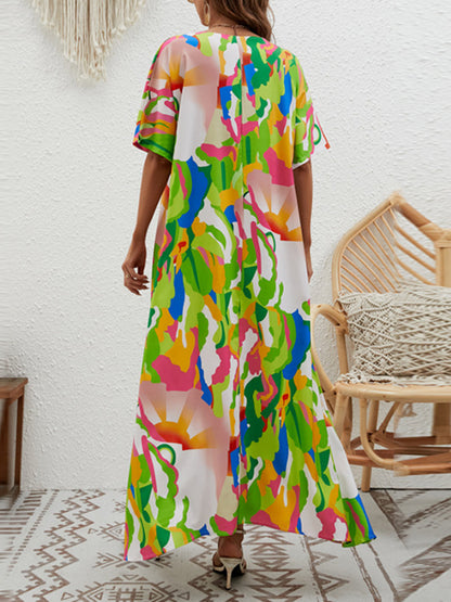 Loose Short Sleeves Contrast Color High-waisted Printed V-neck Maxi Dresses
