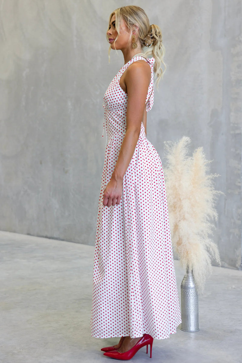 Polka Dot Print Halter Neck Fitted Waist Holiday Maxi Dress