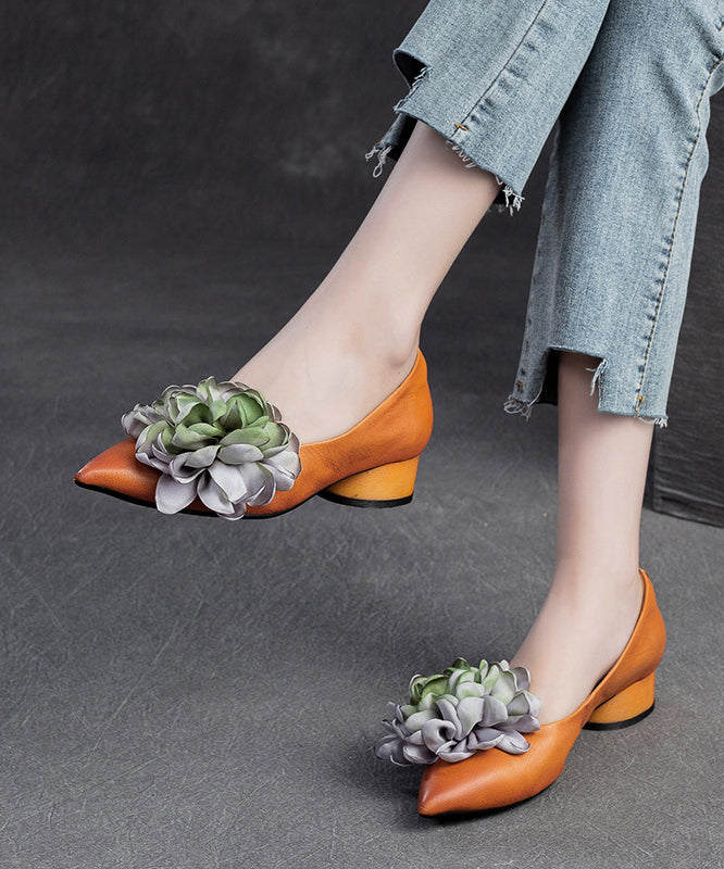 Retro Camel Pointed Toe Cowhide Leather Flats Shoes