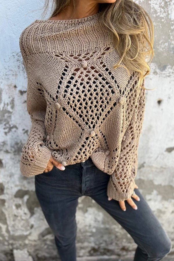Color Hollow Round Neck Loose Knitted Sweater