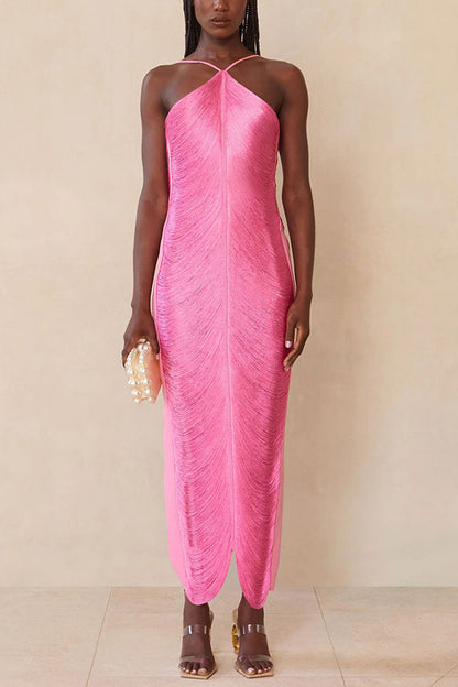Allnight Metallic Halterneck Backless Fringed Slit Maxi Dress