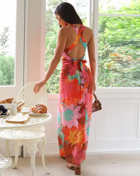 Clara'sholiday V-neck Printlace-up Maxi Dress