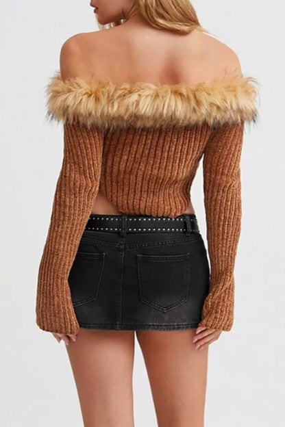 Off-the-shoulder Fur Trim Slim Sweater