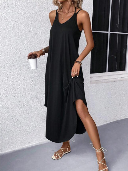 Loose Color Spaghetti-neck Maxi Dresses