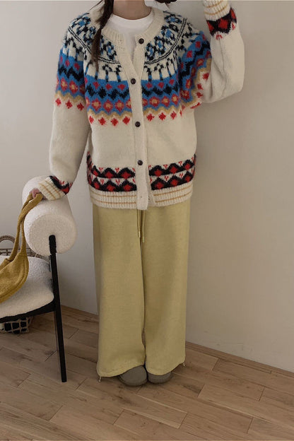 Fair Isle Jacquard Colorblock Knit Cardigan