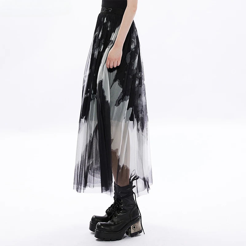 Daily Tie Dyed Gauze Letter Embroidery Logo Rivet at Waist Girl Mid-length Skirt