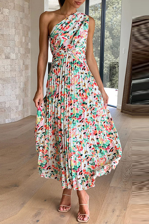 Saw an Angel One Shoulder Elastic Waist Pleated Maxi Dress