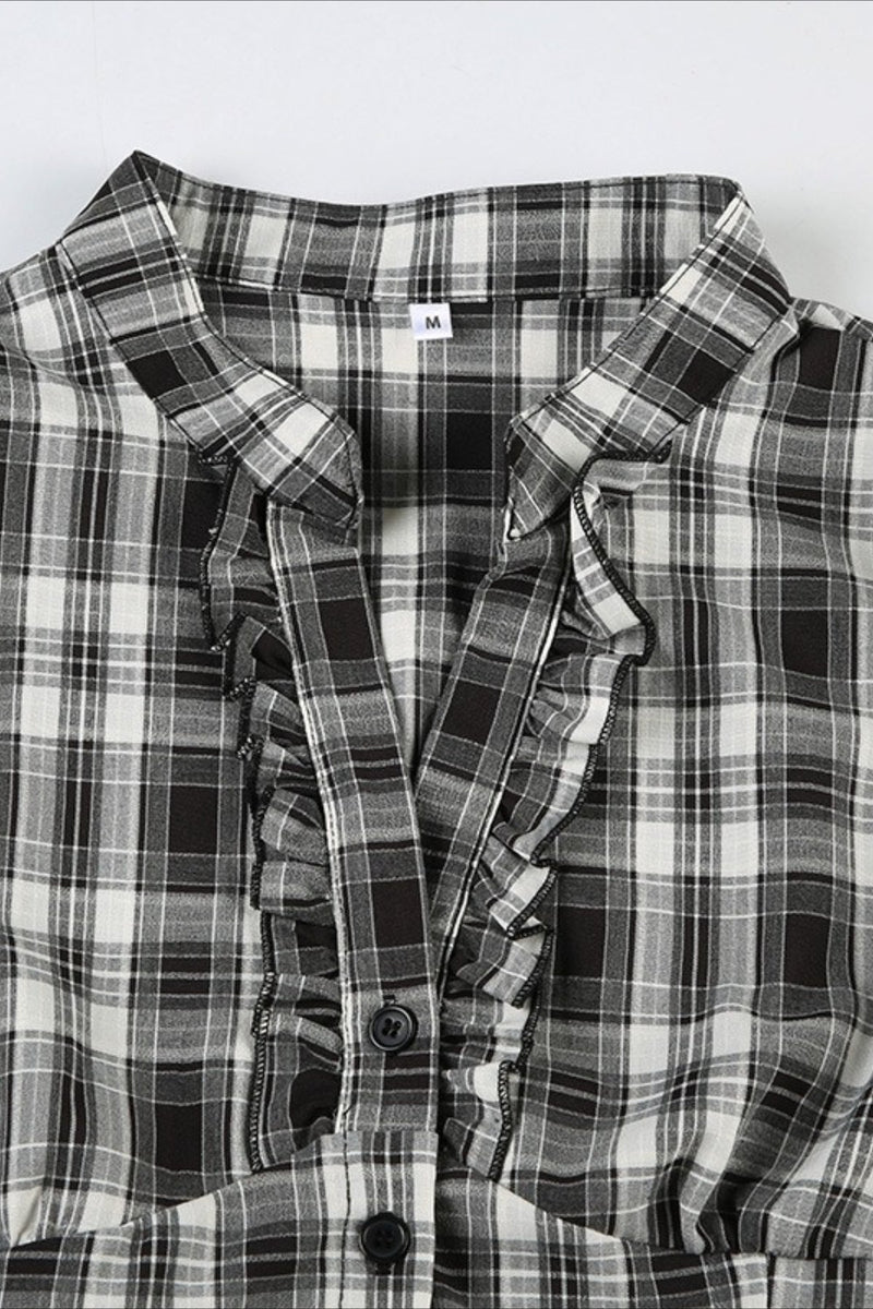 British Plaid Ruffled V Neck Puff Sleeve Blouse