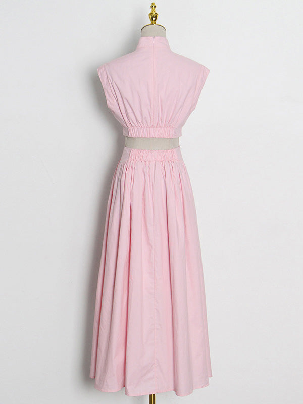 Vacation Loose Sleeveless Hollow Color Stand Collar Maxi Dresses