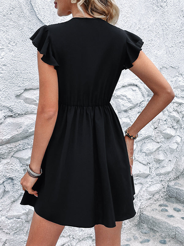 A-line High Waisted Hollow Pleated Ruffled Color Split-joint Deep V-neck Mini Dresses