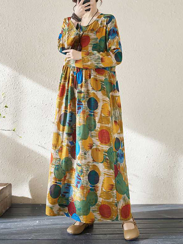 A-line Long Sleeves Pleated Polka-dot Split-joint Round-neck Maxi Dresses
