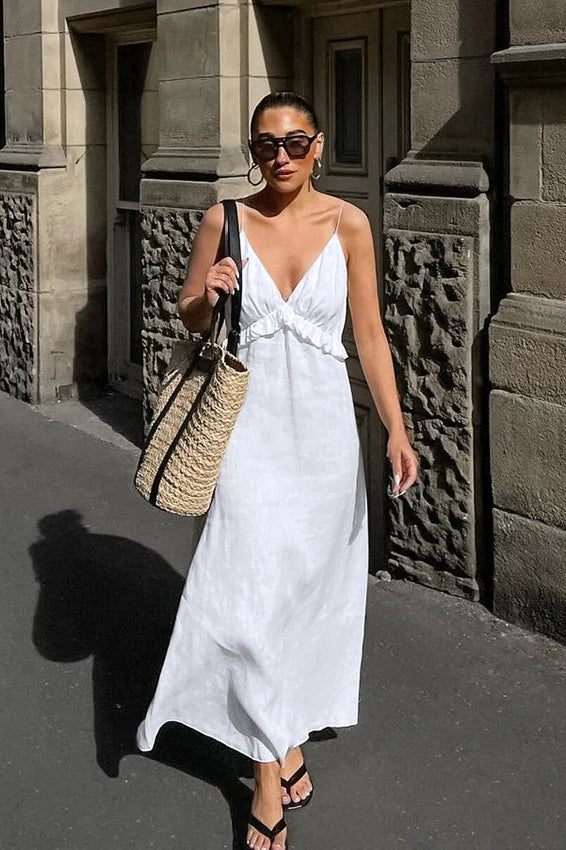 White Cotton Linen V-neck Ruffle Loose Maxi Dress