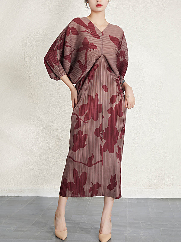 Batwing Sleeves Loose Pleated Printed V-neck Midi Dresses