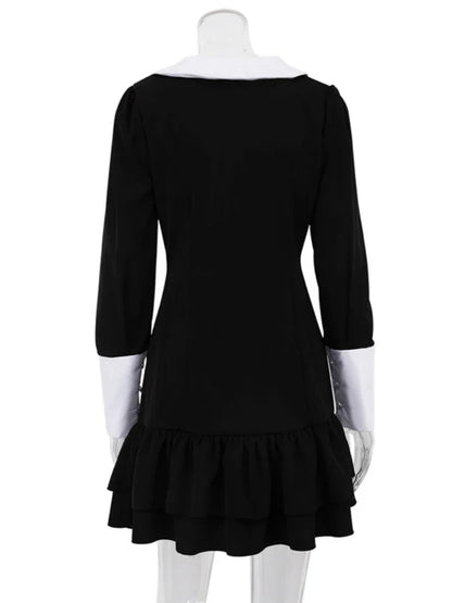 High Waist ’s Evening Dress Retro Splice Long Sleeve Turn Collar Folds Mini Dress Woman Party Wedding Dresses