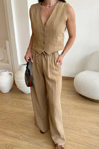 Color Cotton Linen Vest & Lace-up Pants Two-piece Set