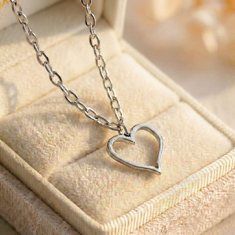 Vintage Hollow Heart Pendant Silver Necklace