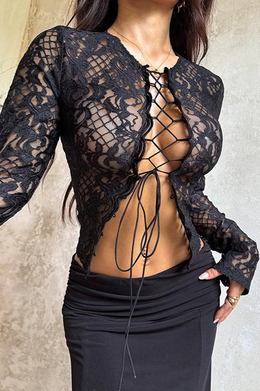 Y2k Retro Lace Up Lace Blouse