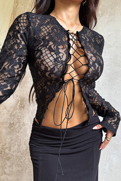 Y2k Retro Lace Up Lace Blouse