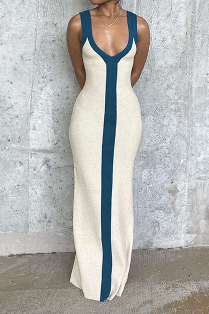 Colorblock V Neck Knit Slim Split Maxi Dress