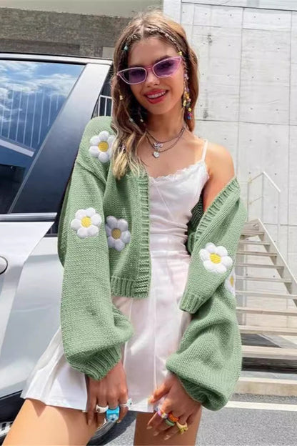Sweet Pattern Loose Cropped Knit Cardigan