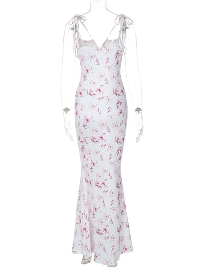 Summer Printed Halter Dresses Female Slim Backless Contrast Lace-up High Waist Maxi Dress Clothes