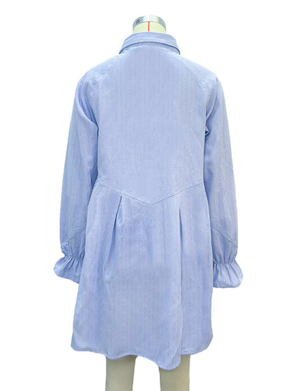 A-line Loose Pleated Split-joint Striped Lapel Mini Dresses Shirt Dress