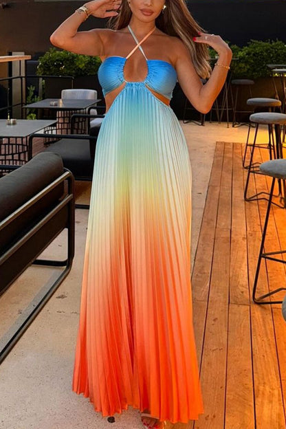Get Ready Gradient Print Cutout Halterneck Pleated Maxi Dress