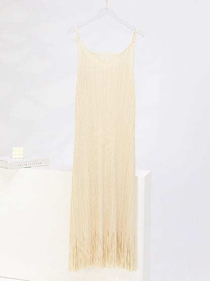 Loose Sleeveless Pleated Color Tasseled Spaghetti-neck Midi Dresses