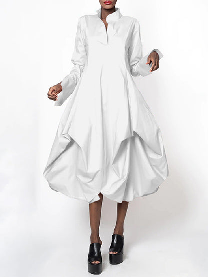 Stylish Loose Stand-collar Long Sleeves Midi Dress