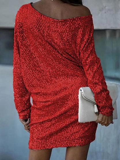 A-line Loose Asymmetric Sequined Color One-shoulder Mini Dresses