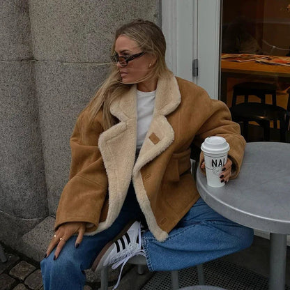 Lamb Woolen Spliced Warm Coat for Side Buttons Lapel Full Sleeve Jackets Lady Autumn Winter Thick Outwear
