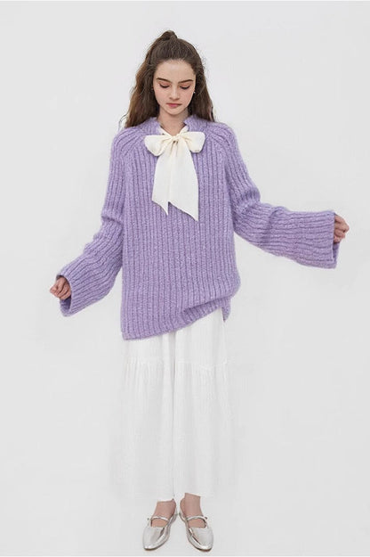 French-style Bow Sequin Soft Luxe Lazy-style Loose Knit Sweater