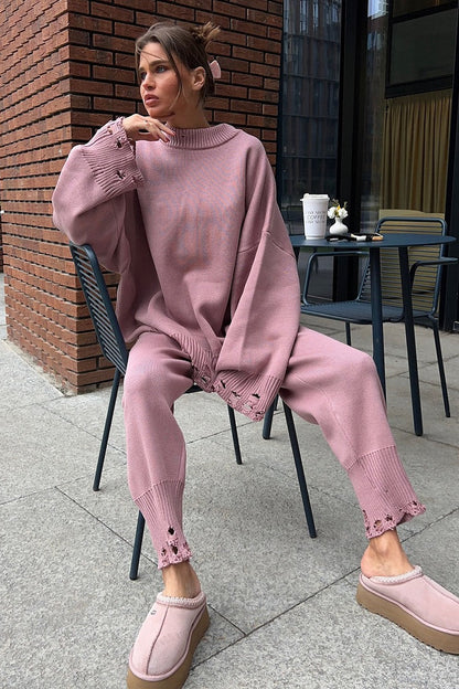 Distressed Knit Crew Neck Sweater Two Piece Set