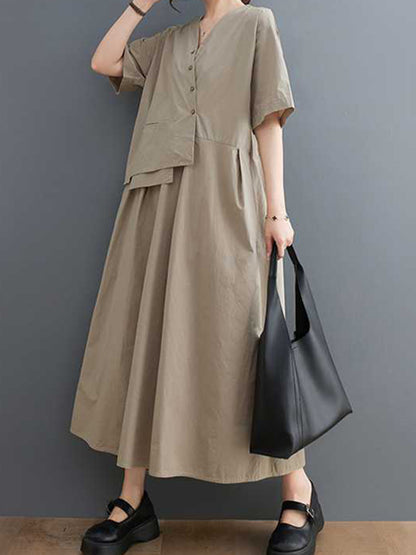 Loose Short Sleeves Pleated Color Split-joint V-neck Midi Dresses