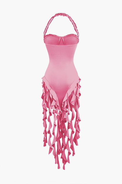 Color Ruffle Tassel Halter Bustier Mini Dress