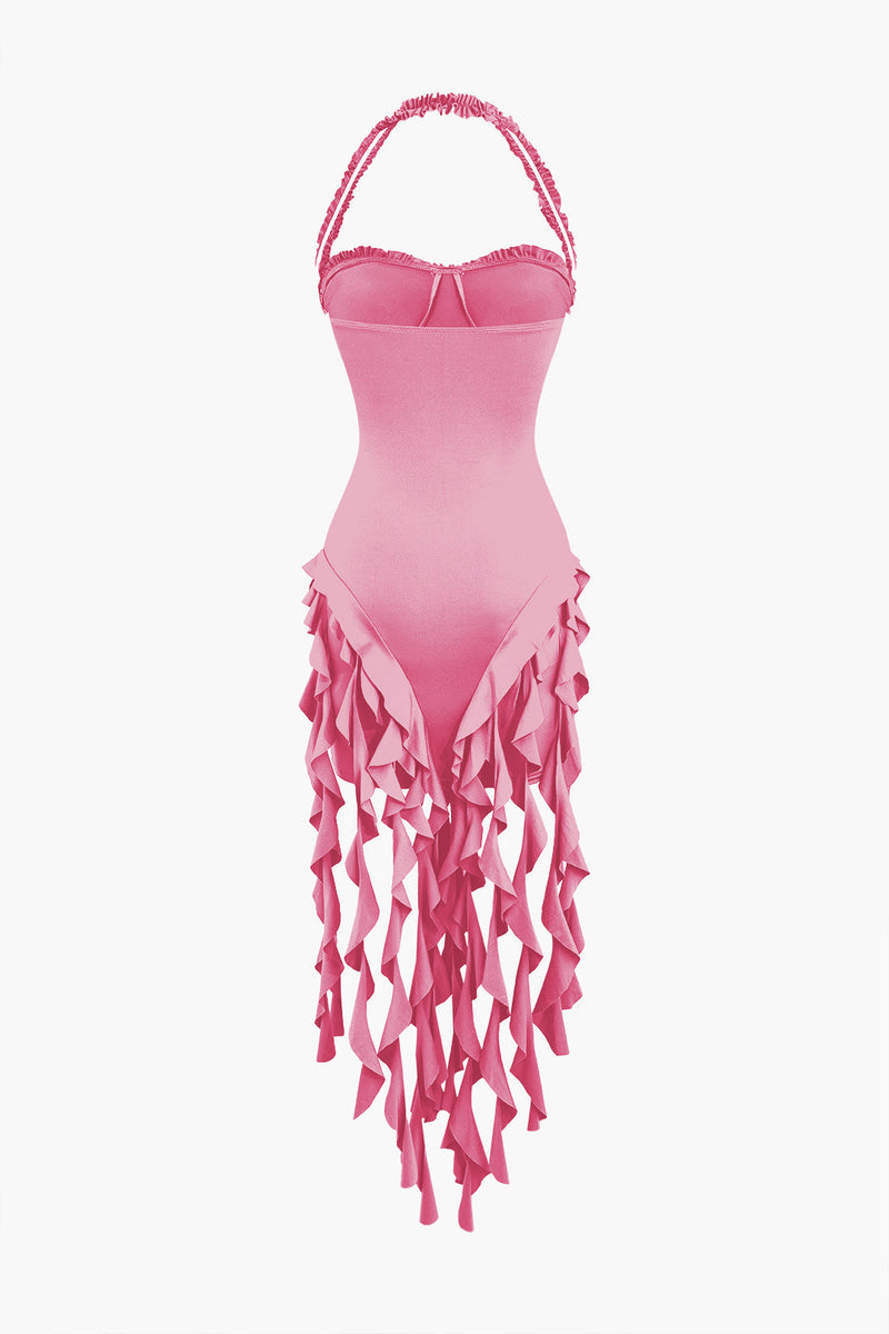 Color Ruffle Tassel Halter Bustier Mini Dress