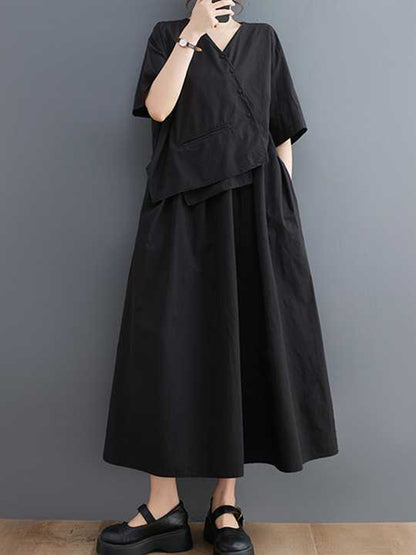 Loose Short Sleeves Pleated Color Split-joint V-neck Midi Dresses