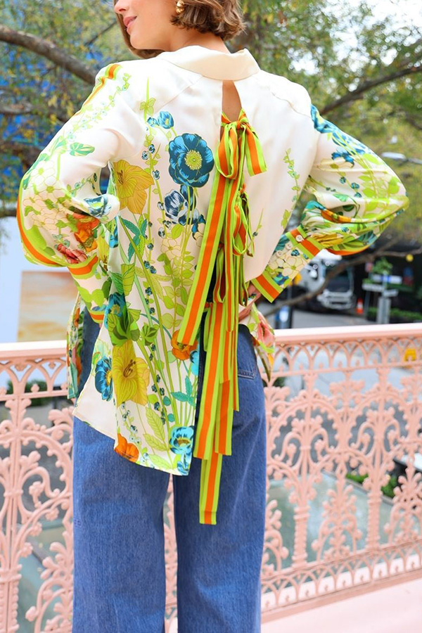 Satin Print Back Tie-up Button Down Oversized Blouse