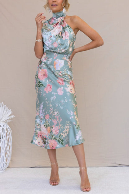 Wine Country Dates Halter Neck Elastic Waist Party Midi Dress