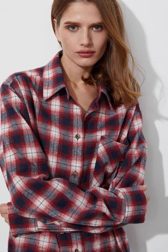 Cotton Plaid Oversized Shirt Blouse