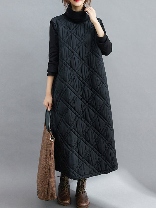 Simple Split-joint High-neck H-line Quilted Midi Dress