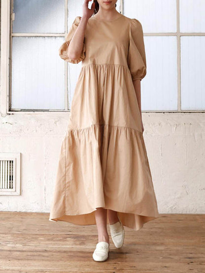 Half Sleeves Puff Sleeves Breathable See-through Color Round-neck Midi Dresses